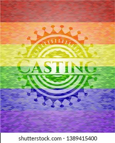 Casting emblem on mosaic background with the colors of the LGBT flag