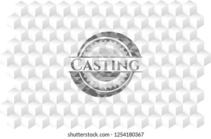 Casting grey emblem with geometric cube white background