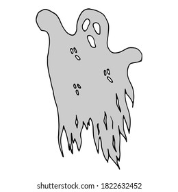 Casting hand-drawn in cartoon style. A spooky ghost in a torn, gray sheet on a white background.