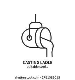 Casting ladle  line icon with molten metal pouring. Industrial equipment for metallurgy and steel manufacturing. Editable stroke. Vector illustration.