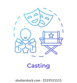 Icono de concepto de fundición multicolor. Reparto de películas. Dirección de cine, actuación. Cinematografía, audición. Ilustración de línea de forma redonda. Abstractas idea. Diseño gráfico. Fácil de usar en infografía, presentación