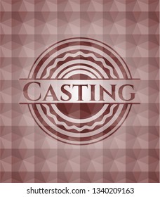 Casting red seamless emblem or badge with abstract geometric pattern background.