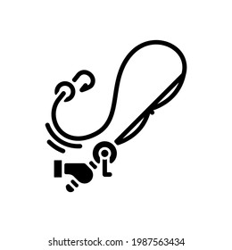 Casting the rod black glyph icon. Carbon matherial. Fishing tournament. Ocean fishing, spinnerbait. Throwing spinning machinery. Silhouette symbol on white space. Vector isolated illustration