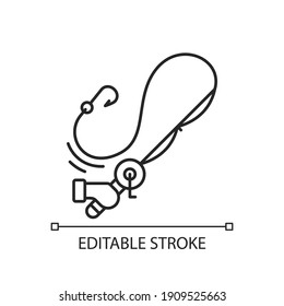Casting the rod linear icon. Carbon matherial. Fishing tournament. Throwing spinning machinery. Thin line customizable illustration. Contour symbol. Vector isolated outline drawing. Editable stroke