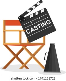 Casting, casting. A sign with the inscription casting lies on the director's chair. Vector illustration. Vector.