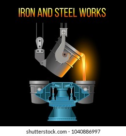 Casting of steel from ladle. Vector illustration isolated on black background