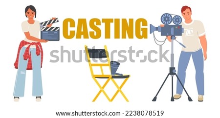 Casting vector. Movie producing, film direction and studio shooting stage design elements. Director chair with loud speaker woman with clapper board and cameraman illustration