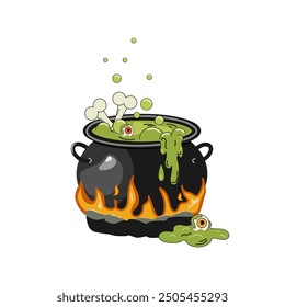 A cast-iron cauldron with boiling green witch's potion, eyes, bones. An element for Halloween design. Isolated on a white background. Vector illustration.