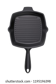 Cast-iron grill pan for cooking barbecue. Kitchen utensils. Picnic cook tools for frying food on B-B-Q picnic paty. Square iron tableware for fry meal. Isolated white. EPS10 vector illustration.