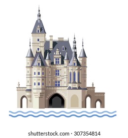 Castle above the water on a white background