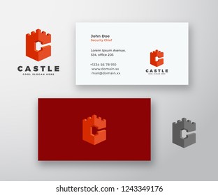 Castle Abstract Vector Logo and Business Card Template. Citadel Icon Incorporated in a Letter C Concept with Modern Typography. Premium Stationary Realistic Mock Up. Isolated.