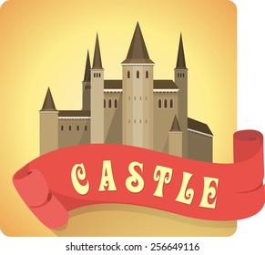 Castle An ancient castle on a postcard in vintage style banner with the inscription at the bottom