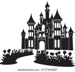 Vector negro de la silueta de la arquitectura del castillo en el fondo blanco Vector del icono del castillo, colección de la señal de la silueta del castillo