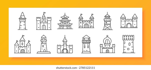 Castle architecture set icon. Line icons depict tower structures, fortified walls, palace building, gate entrances, watchtower forms, medieval constructions, varied silhouettes, historic stronghold