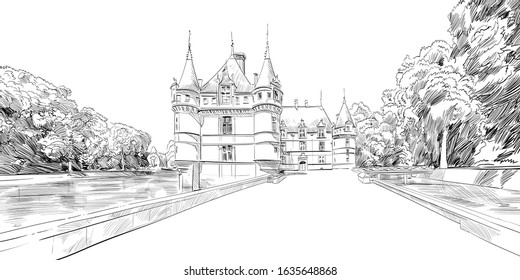 Castle Azay-le-Rideau, France. Hand drawn sketch. Vector illustration.