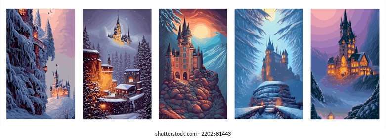 Castle background winter snowy forest. Snow, snowflakes. Winter landscape. Vector illustration kids with fairytale castle winter landscape snowy weather with snowfall. mysterious castle set poster
