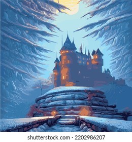 Castle background winter snowy forest. Snow, snowflakes. Night, moon. Winter landscape. Vector illustration kids with fairy tale castle winter landscape snowy weather with snowfall. mysterious castle