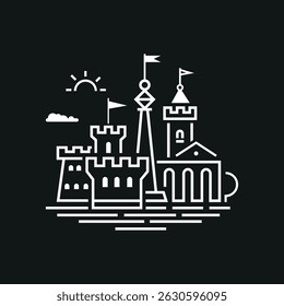 Castle badge template design. Emblem, symbol or badge. Illustration in linear style.