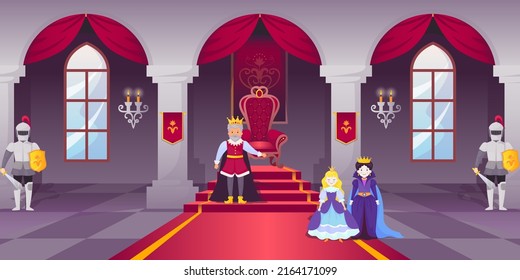 Castle ballroom. Interior of medieval palace hall. Royal room with monarch throne. King and queen. Emperor family. Princess and knights. Fantasy kingdom. Cartoon vector illustration