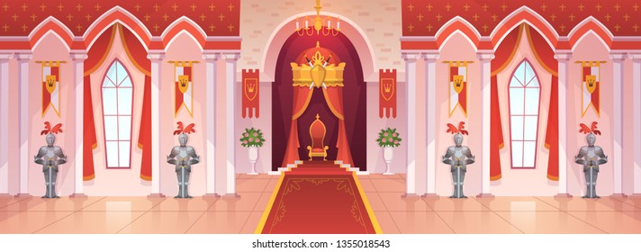 Castle Ballroom. Interior Medieval Royal Palace Throne Royal Ceremony Room Hall Kingdom Rich Fantasy Knight Game Cartoon, Vector Background