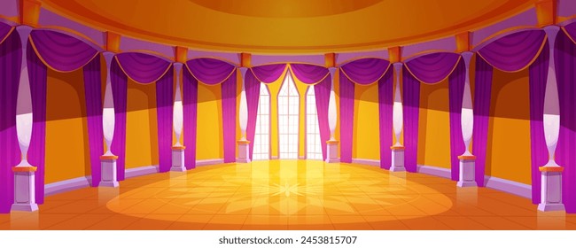 Castle ballroom interior. Purple palace hall cartoon background. Royal medieval dance room for fantasy game illustration. Banquet and wedding hallway with pillar, window and curtain decoration