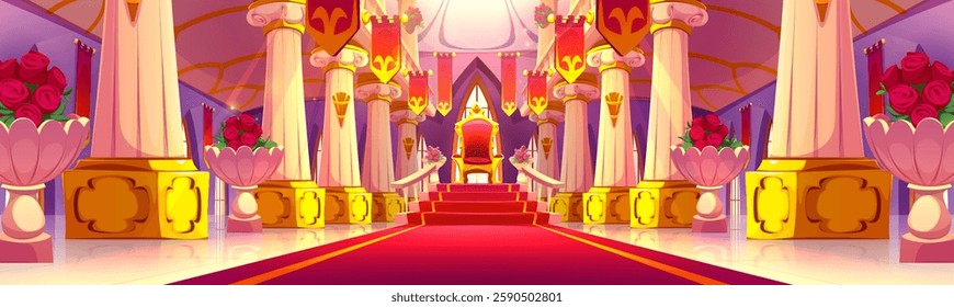 Castle ballroom interior with royal throne on red carpeted stairs. Ornate hall decorated by marble columns on golden pedestals, hanging flags, roses in vases. Elegant palace for fantasy game or tale.