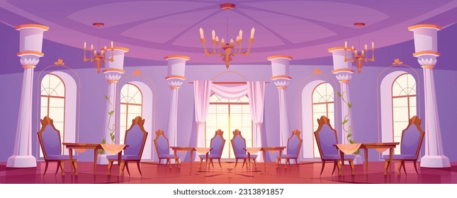 Castle ballroom interior vector royal background. Medieval ball room in palace for dance and dining with window. Golden nobility chandelier on ceiling above table and chair. Magic fantasy illustration