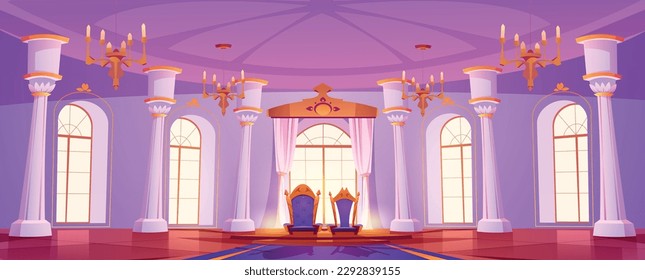 Castle ballroom with throne interior cartoon. Medieval royal palace hall for ball and dance with luxury chandelier in fantasy game illustration. Empty scene of beautiful nobility chamber with carpet