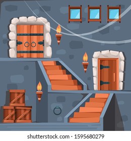 Castle basement. Ancient prison entrance dark crypt interior with doors and staircase stone vector flat picture