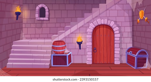 El sótano del castillo. Sala secreta de mazmorras subterráneas en el interior, entrada antigua de la puerta de la prisión arquitectura bóveda medieval interior del juego rpg fondo ilustración vectorial del antiguo sótano medieval