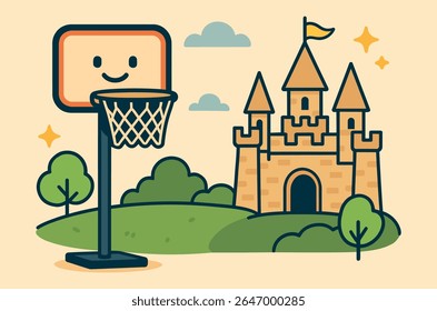 Castle and Basketball Hoop Cartoon