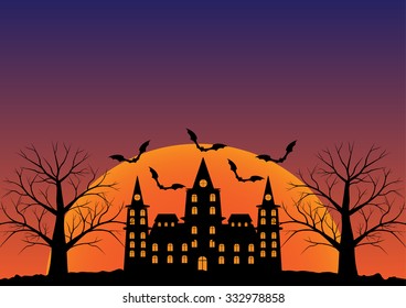 Castle with bats flying and dead tree in twilight in sunrise. Vector illustration halloween background. 