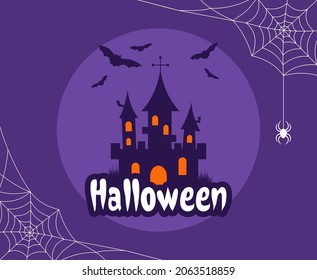 Castle, Bats And Full Moon With White Cobweb Frame On A Purple Background. Halloween Flat Illustration