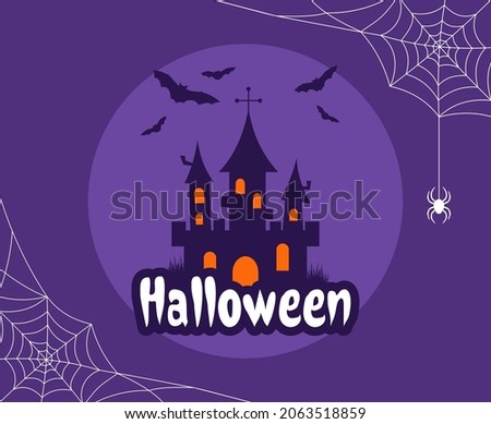 Castle, bats and full moon with white cobweb frame on a purple background. Halloween flat illustration