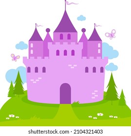 Castle in a beautiful landscape with trees. Vector illustration