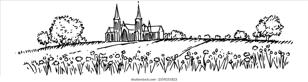 castle in a beautiful setting hand drawing doodle hatching vector sketch