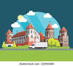 castle in Belarus. Historical building. Vector flat illustration.