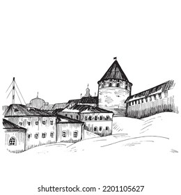 Castle. Black and white sketch. Hand-drawn vector illustration