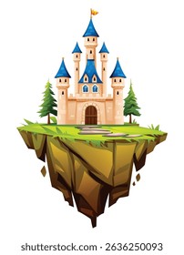 Castelo com telhados azuis em uma ilha flutuante gramada com caminho de pedra. Ilustração de desenho animado vetorial