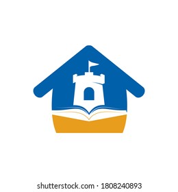 Castle book with home vector logo design. Unique bookstore, library and fortress logotype design template.