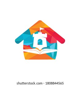 Castle book with home vector logo design. Unique bookstore, library and fortress logotype design template.