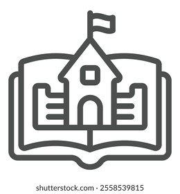 Castle at book line icon, fairy tale concept. Vector graphics. Opened book and medieval building sign on white background, outline style icon for mobile or web design