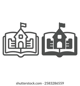 Castle at book line and solid icon, fairy tale concept. Vector graphics. Opened book and medieval building sign on white background, outline style icon for mobile or web design