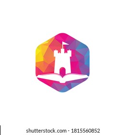 Vector de diseño de plantillas de logotipos de libro de castillo. Combinación del logotipo del castillo y del libro. Torre y símbolo de mercado o icono.