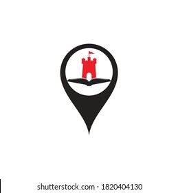 Castle Book map pin shape concept Logo Template Design Vector. Book and castle logo combination.