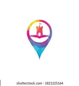 Concepto de la forma del alfiler del mapa del libro del castillo Vector de diseño de la plantilla del logotipo. Combinación del logotipo del castillo y del libro.