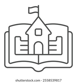Castle at book thin line icon, fairy tale concept. Vector graphics. Opened book and medieval building sign on white background, outline style icon for mobile or web design