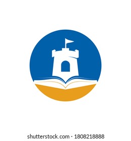 Diseño del logotipo vectorial del libro del castillo. Plantilla única de diseño de tipo lotipo de librería, biblioteca y fortaleza.