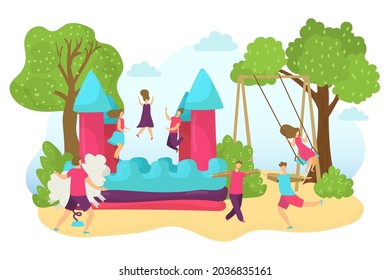 Castle Bouncy Outdoor With Fun Child, Vector Illustration, Flat Boy Girl Kids Character Play At Inflatable House, Jumping In Park.