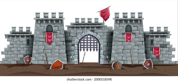 Castle brick wall seamless background, stone ancient fortress ruin, gray tower, battlefield illustration. Medieval history fortification building, broken shield, arch city gate, grate. Castle ruin 